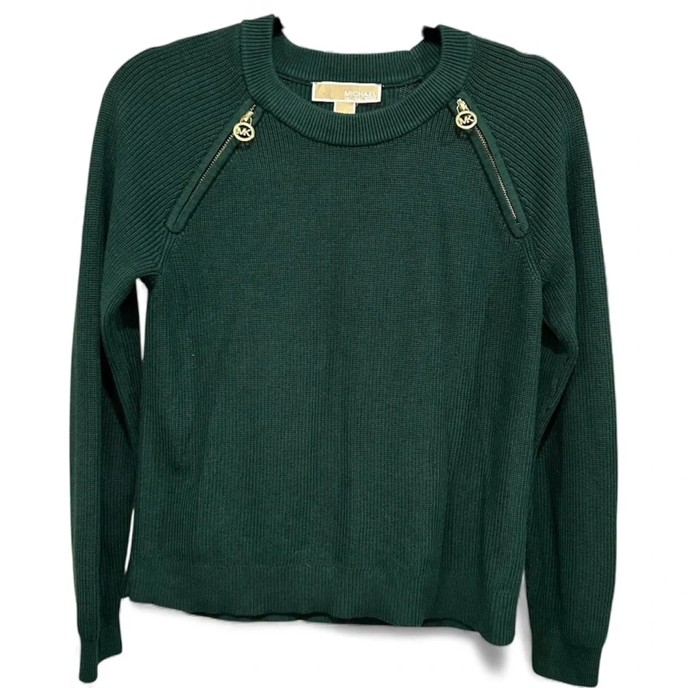 NEW Michael Kors Dark Green Sweater with Gold Shoulder Zippers Size: Small NWT